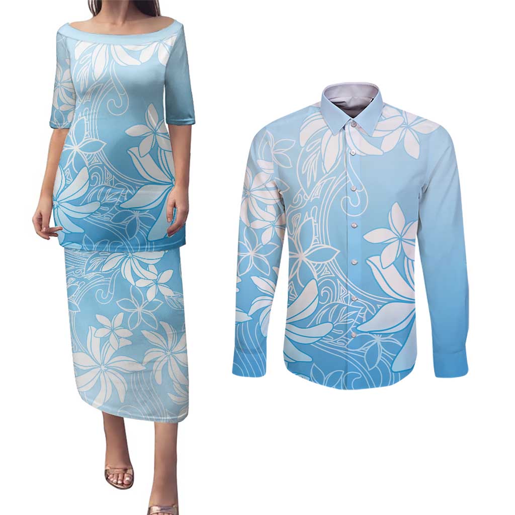 Tiare Tahiti Couples Matching Puletasi and Long Sleeve Button Shirt Blue Polynesia Motifs LT05 Blue - Polynesian Pride