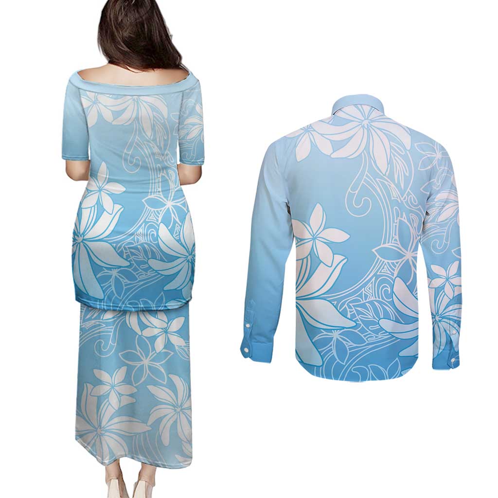 Tiare Tahiti Couples Matching Puletasi and Long Sleeve Button Shirt Blue Polynesia Motifs LT05 - Polynesian Pride