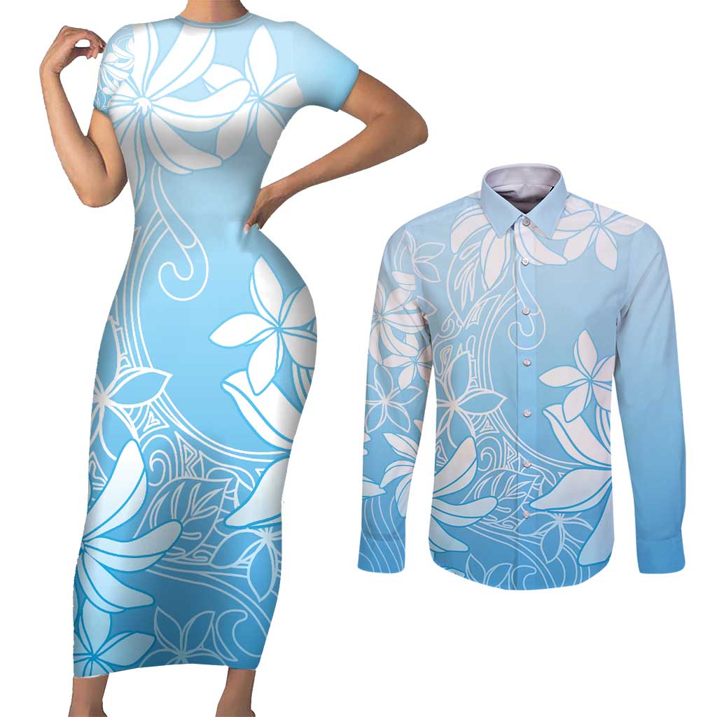 Tiare Tahiti Couples Matching Short Sleeve Bodycon Dress and Long Sleeve Button Shirt Blue Polynesia Motifs LT05 Blue - Polynesian Pride