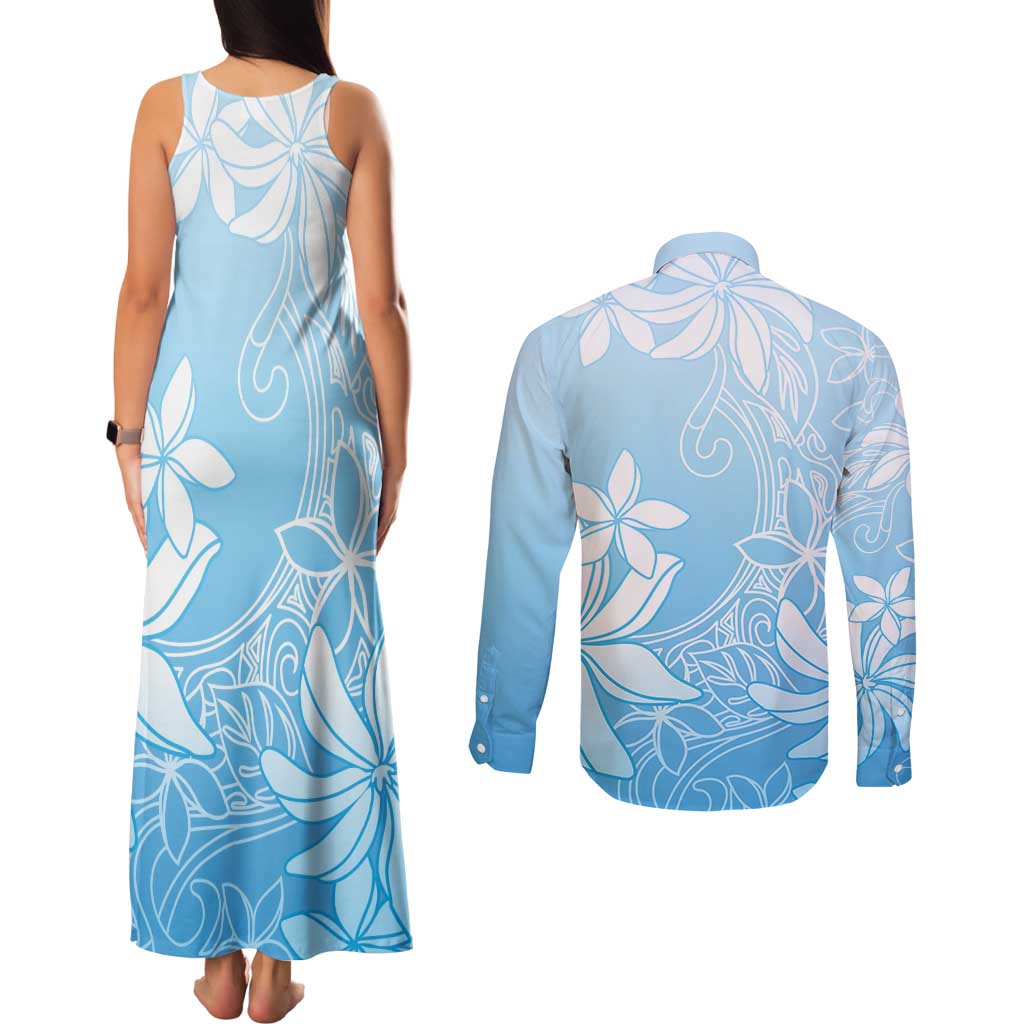Tiare Tahiti Couples Matching Tank Maxi Dress and Long Sleeve Button Shirt Blue Polynesia Motifs LT05 - Polynesian Pride