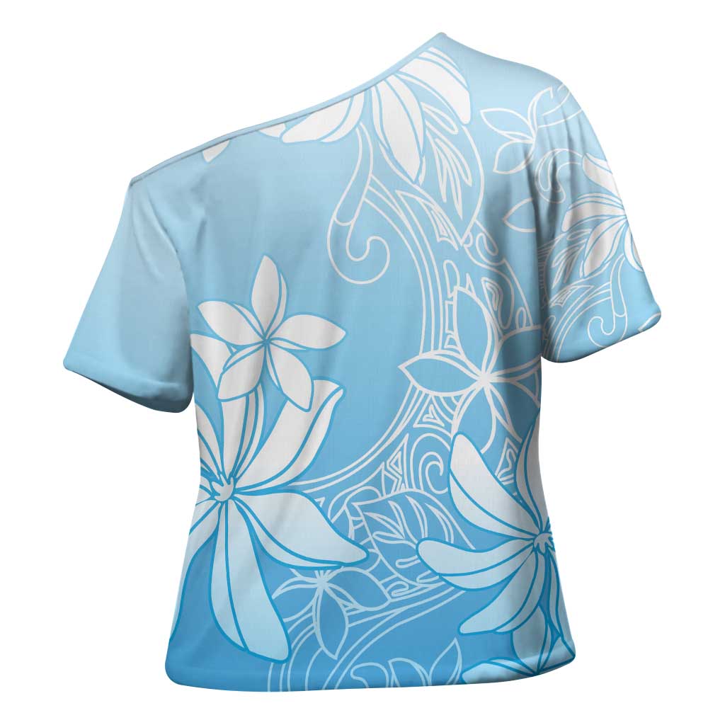 Tiare Tahiti Cross Shoulder Shirt Blue Polynesia Motifs LT05 - Polynesian Pride
