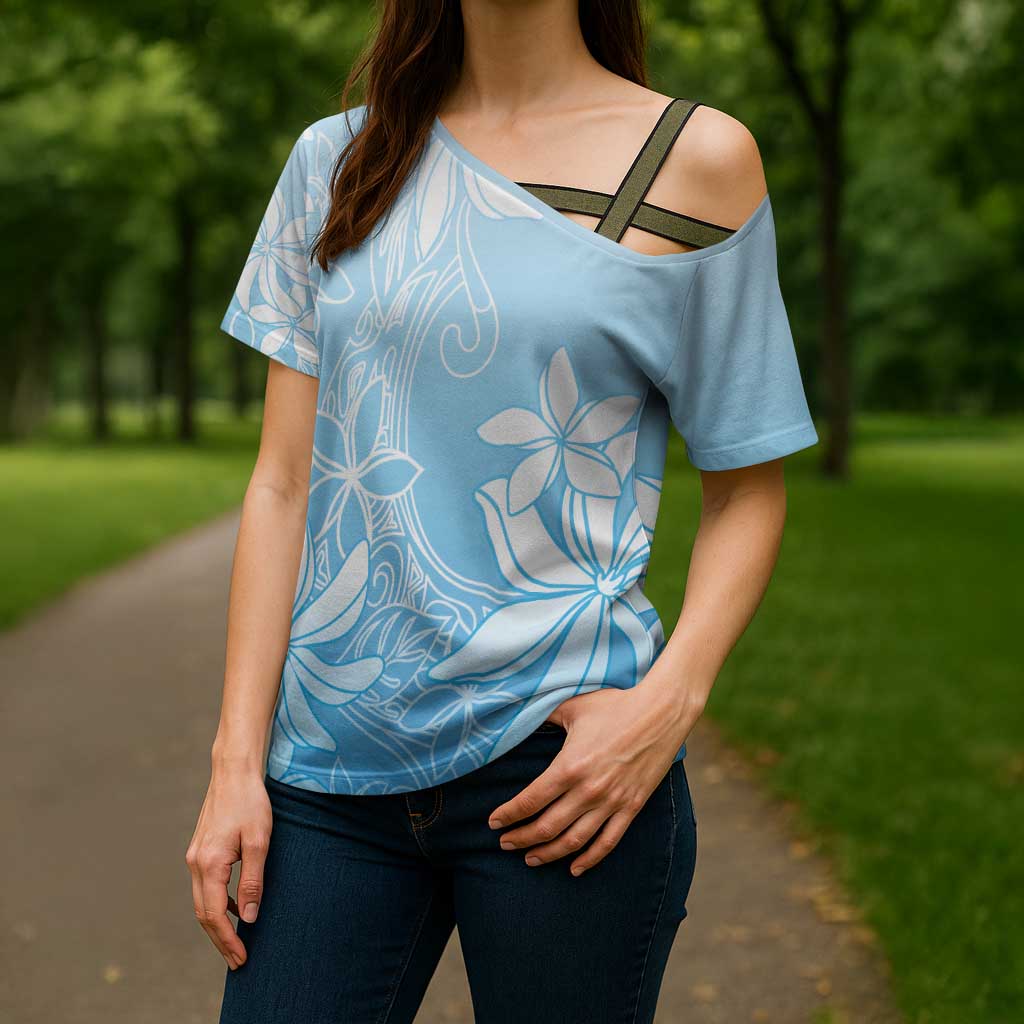 Tiare Tahiti Cross Shoulder Shirt Blue Polynesia Motifs LT05 - Polynesian Pride