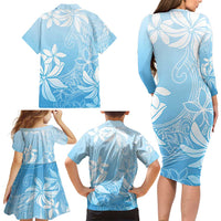 Tiare Tahiti Family Matching Long Sleeve Bodycon Dress and Hawaiian Shirt Blue Polynesia Motifs - Polynesian Pride