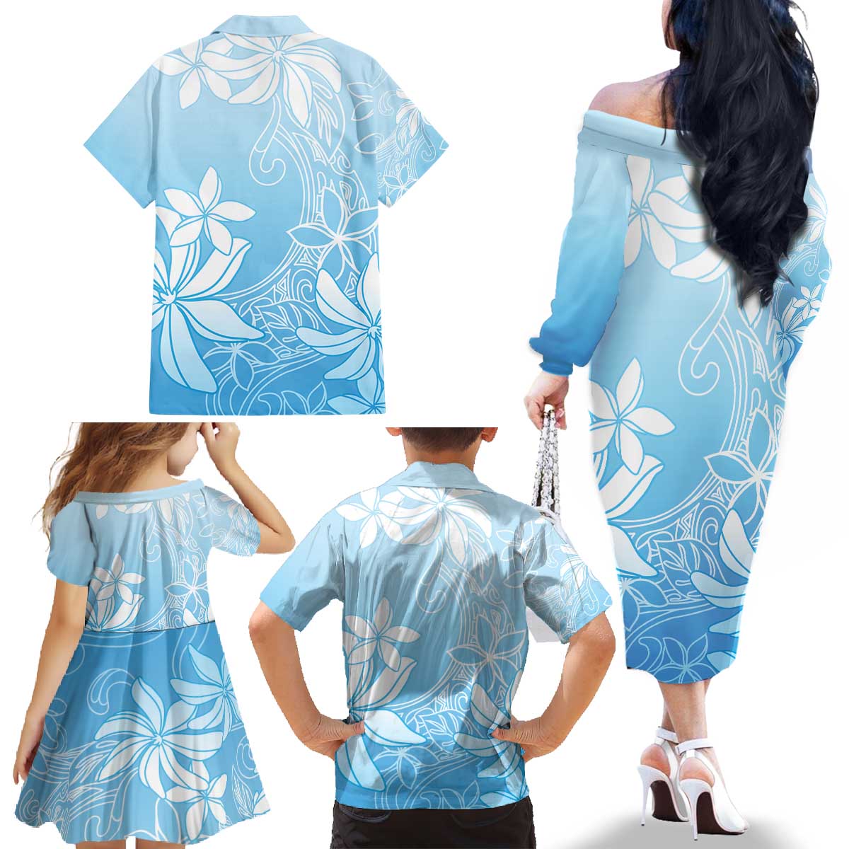 Tiare Tahiti Family Matching Off The Shoulder Long Sleeve Dress and Hawaiian Shirt Blue Polynesia Motifs - Polynesian Pride