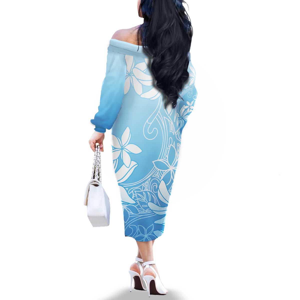 Tiare Tahiti Family Matching Off The Shoulder Long Sleeve Dress and Hawaiian Shirt Blue Polynesia Motifs - Polynesian Pride