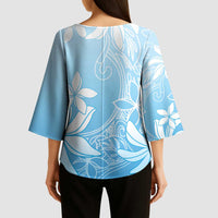 Tiare Tahiti Kimono Sleeve Blouse Blue Polynesia Motifs LT05 - Polynesian Pride