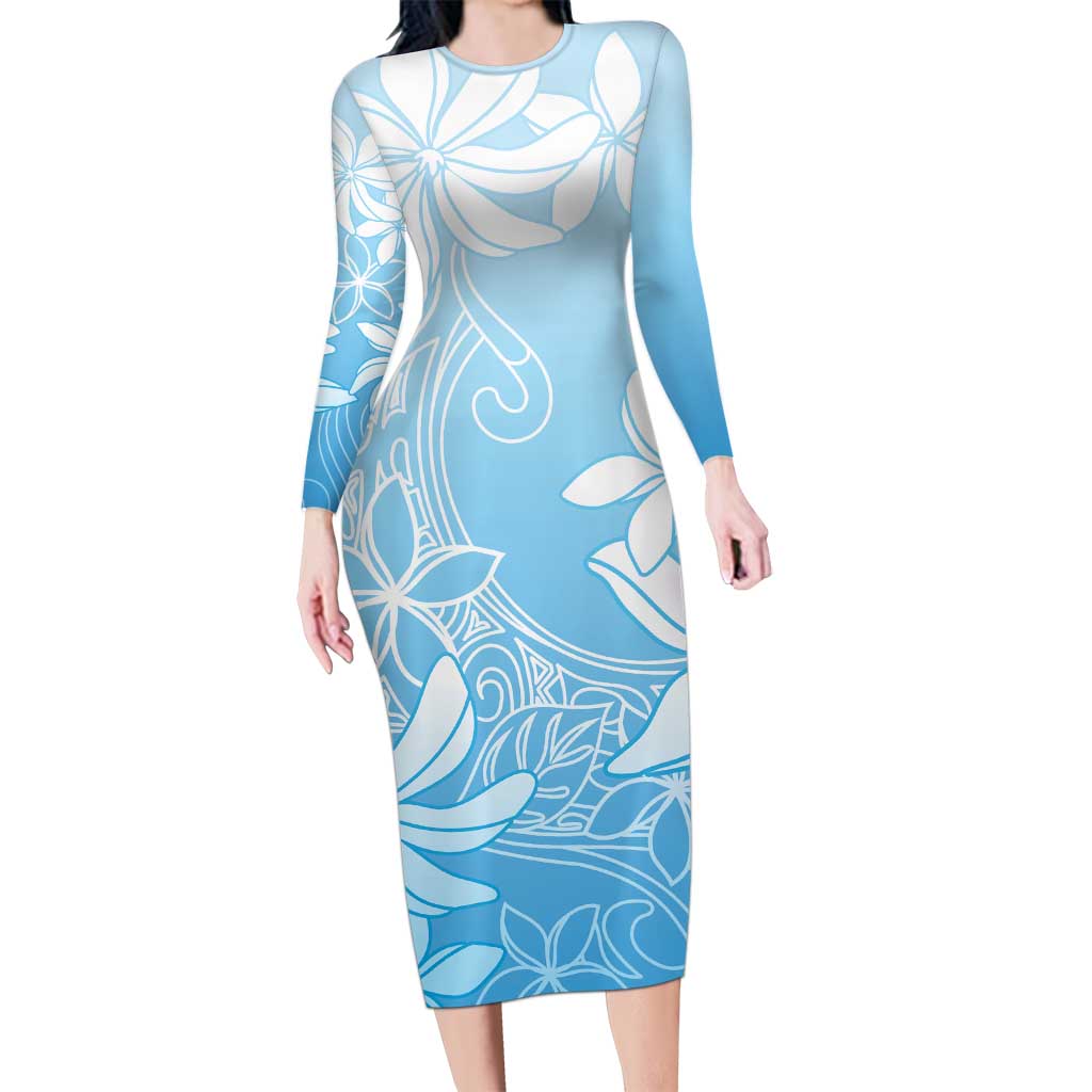 Tiare Tahiti Long Sleeve Bodycon Dress Blue Polynesia Motifs - Polynesian Pride