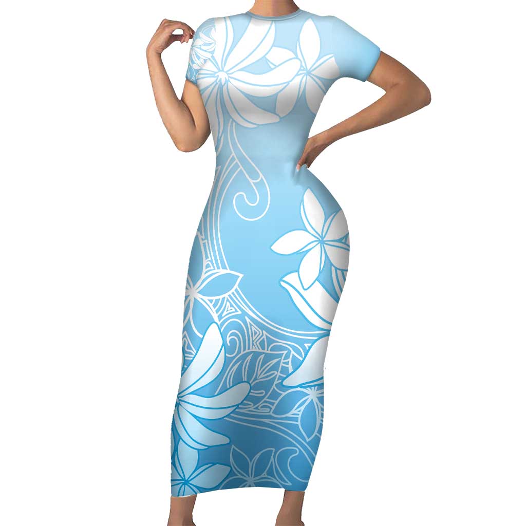 Tiare Tahiti Short Sleeve Bodycon Dress Blue Polynesia Motifs - Polynesian Pride