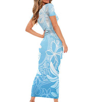 Tiare Tahiti Short Sleeve Bodycon Dress Blue Polynesia Motifs - Polynesian Pride