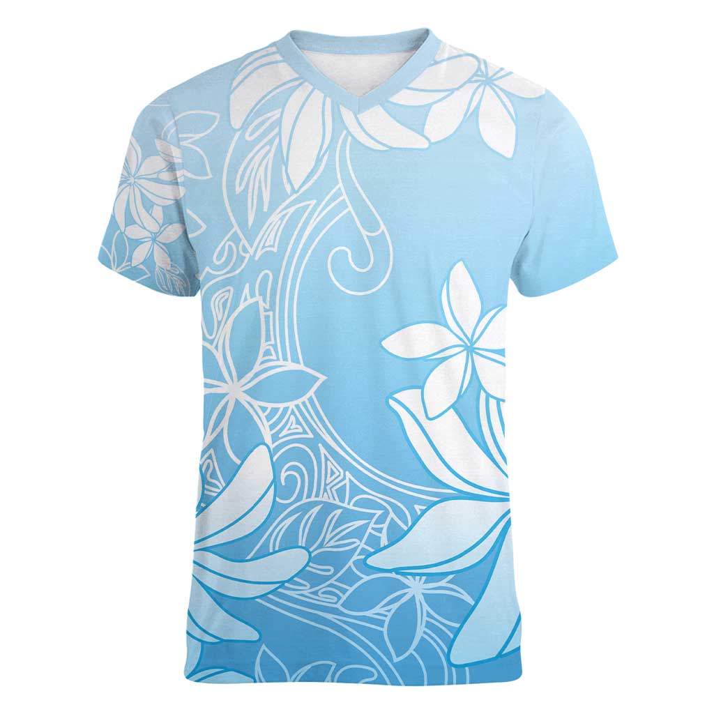 Tiare Tahiti Women V-Neck T-Shirt Blue Polynesia Motifs - Polynesian Pride