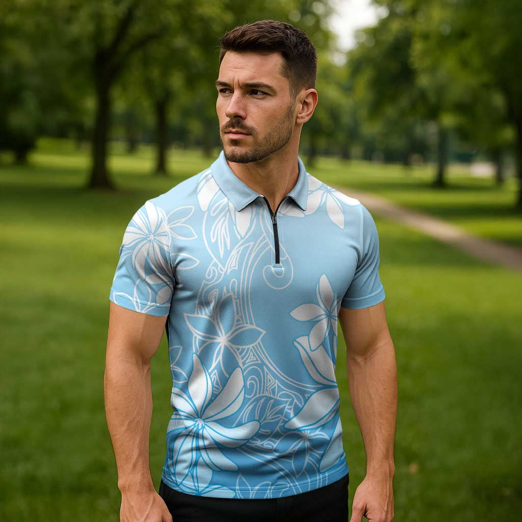 Tiare Tahiti Zipper Polo Shirt Blue Polynesia Motifs LT05 - Polynesian Pride