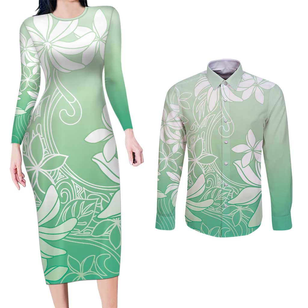 Tiare Tahiti Couples Matching Long Sleeve Bodycon Dress and Long Sleeve Button Shirt Matcha Polynesia Motifs LT05 Green - Polynesian Pride