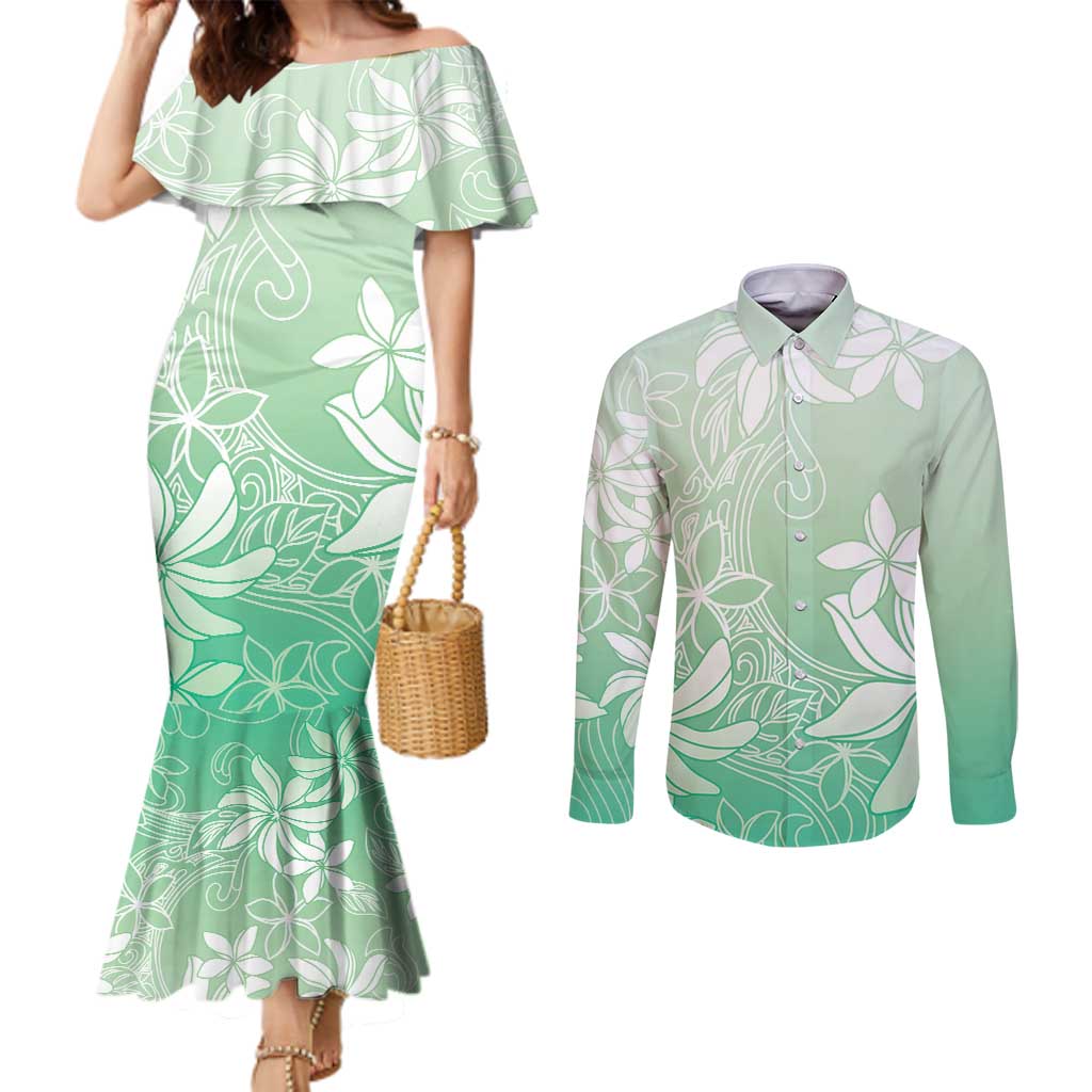 Tiare Tahiti Couples Matching Mermaid Dress and Long Sleeve Button Shirt Matcha Polynesia Motifs LT05 Green - Polynesian Pride