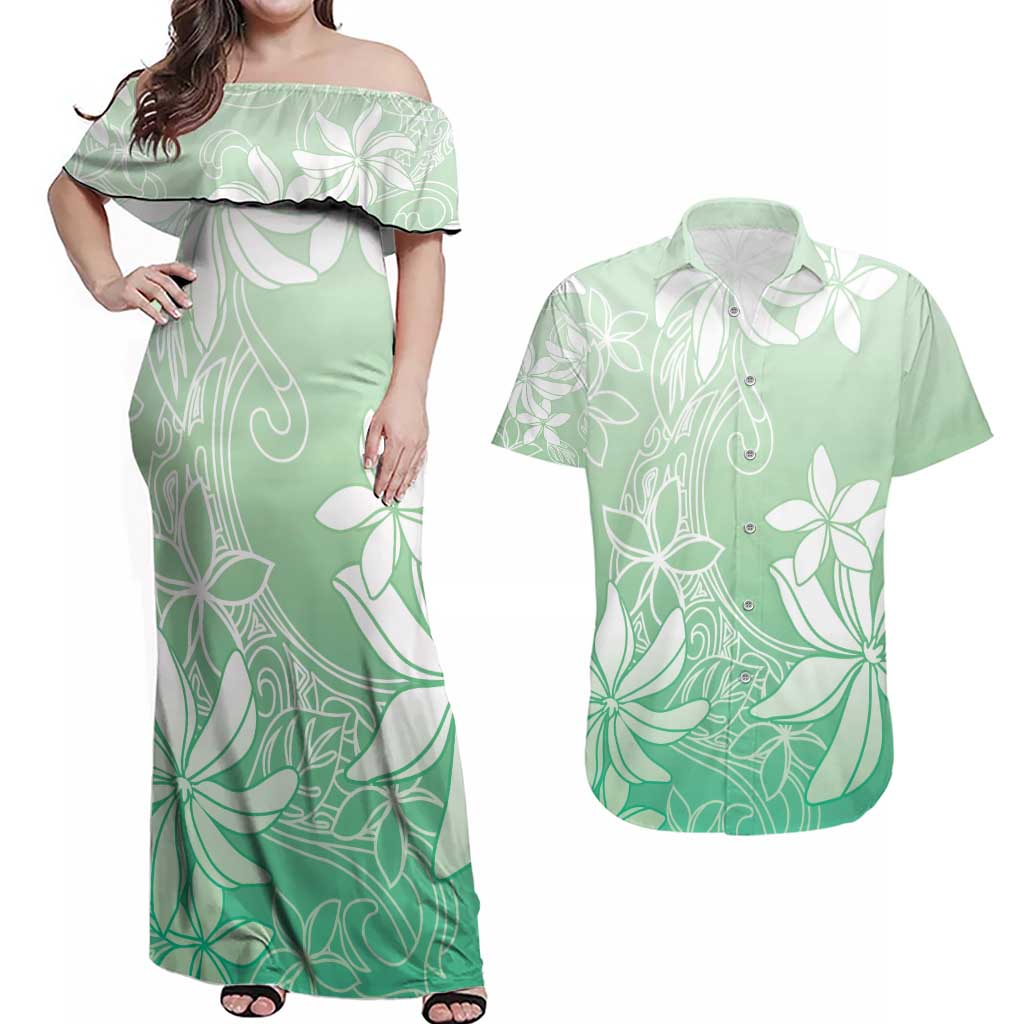 Tiare Tahiti Couples Matching Off Shoulder Maxi Dress and Hawaiian Shirt Matcha Polynesia Motifs - Polynesian Pride