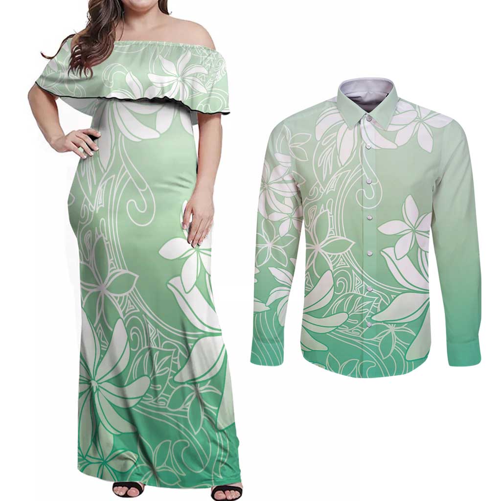 Tiare Tahiti Couples Matching Off Shoulder Maxi Dress and Long Sleeve Button Shirt Matcha Polynesia Motifs LT05 Green - Polynesian Pride