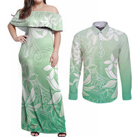 Tiare Tahiti Couples Matching Off Shoulder Maxi Dress and Long Sleeve Button Shirt Matcha Polynesia Motifs LT05 Green - Polynesian Pride