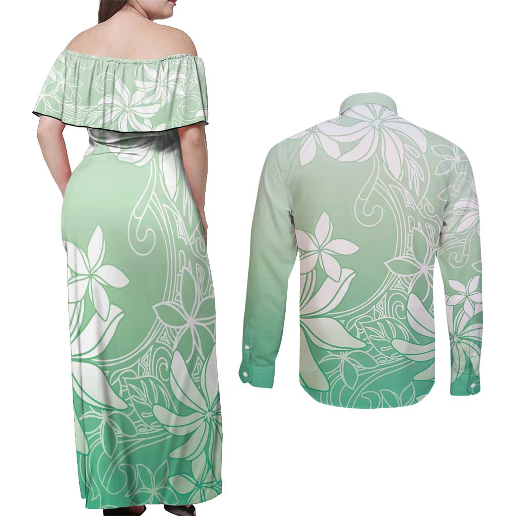 Tiare Tahiti Couples Matching Off Shoulder Maxi Dress and Long Sleeve Button Shirt Matcha Polynesia Motifs LT05 - Polynesian Pride