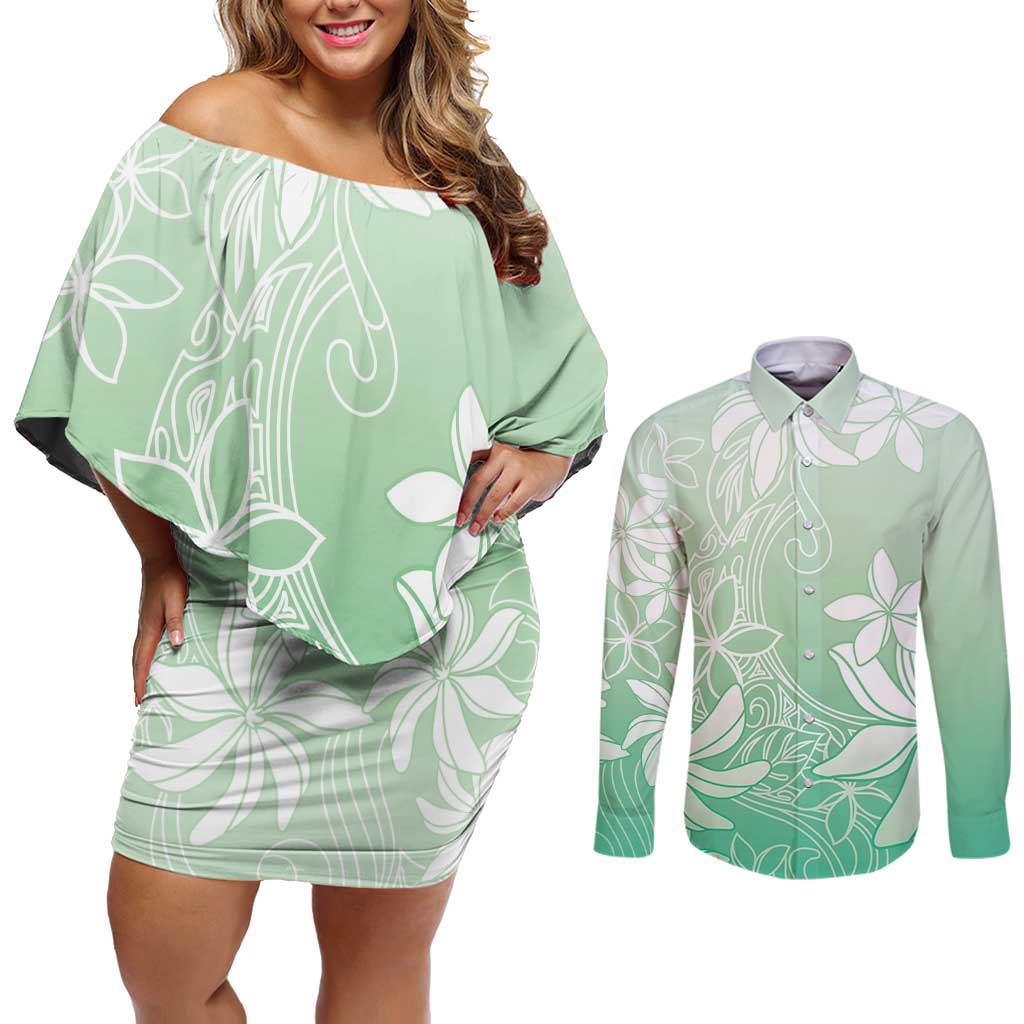 Tiare Tahiti Couples Matching Off Shoulder Short Dress and Long Sleeve Button Shirt Matcha Polynesia Motifs LT05 Green - Polynesian Pride