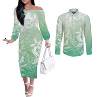 Tiare Tahiti Couples Matching Off The Shoulder Long Sleeve Dress and Long Sleeve Button Shirt Matcha Polynesia Motifs LT05 Green - Polynesian Pride