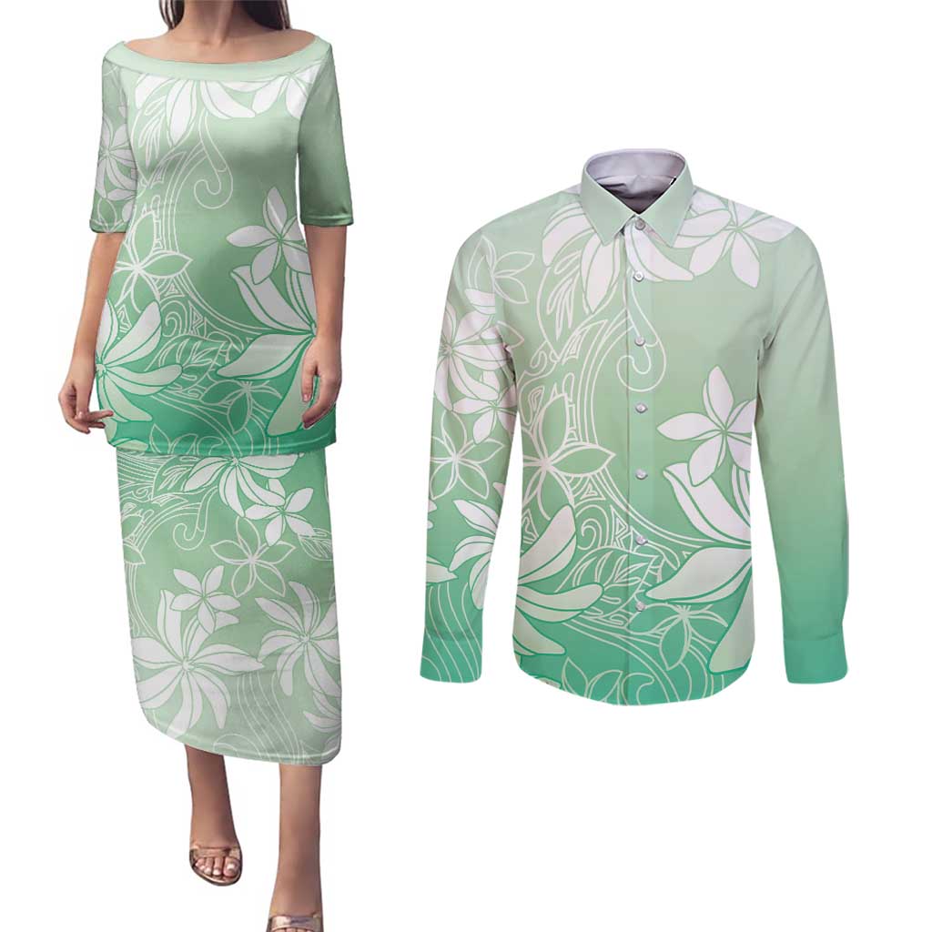 Tiare Tahiti Couples Matching Puletasi and Long Sleeve Button Shirt Matcha Polynesia Motifs LT05 Green - Polynesian Pride