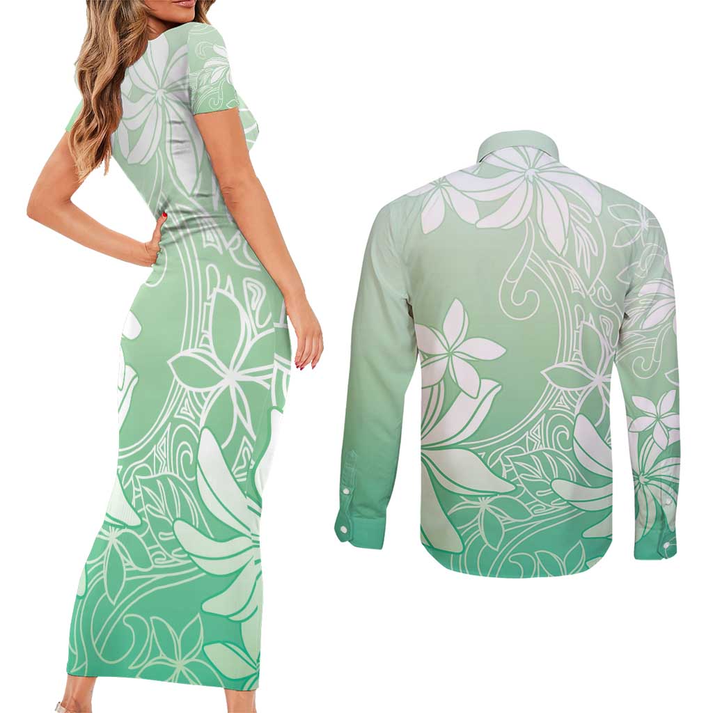 Tiare Tahiti Couples Matching Short Sleeve Bodycon Dress and Long Sleeve Button Shirt Matcha Polynesia Motifs LT05 - Polynesian Pride