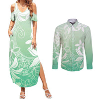 Tiare Tahiti Couples Matching Summer Maxi Dress and Long Sleeve Button Shirt Matcha Polynesia Motifs LT05 Green - Polynesian Pride