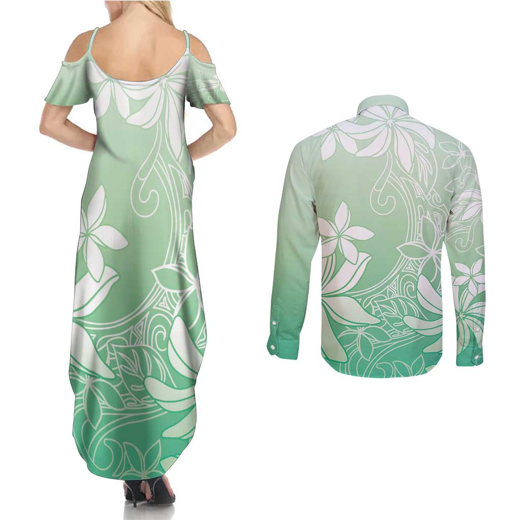 Tiare Tahiti Couples Matching Summer Maxi Dress and Long Sleeve Button Shirt Matcha Polynesia Motifs LT05 - Polynesian Pride