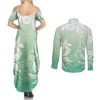 Tiare Tahiti Couples Matching Summer Maxi Dress and Long Sleeve Button Shirt Matcha Polynesia Motifs LT05 - Polynesian Pride