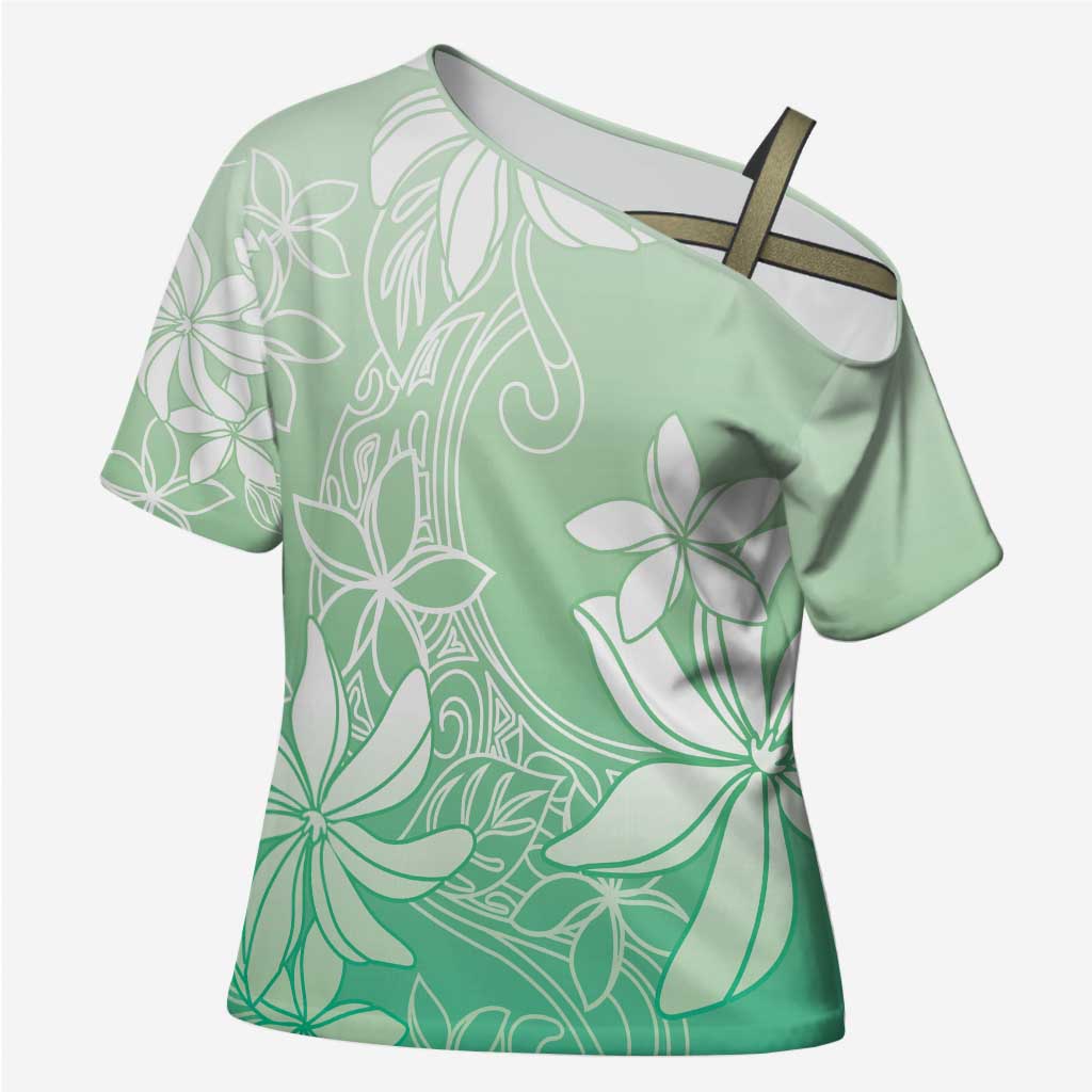 Tiare Tahiti Cross Shoulder Shirt Matcha Polynesia Motifs LT05 Female Green - Polynesian Pride