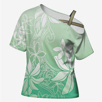 Tiare Tahiti Cross Shoulder Shirt Matcha Polynesia Motifs LT05 Female Green - Polynesian Pride