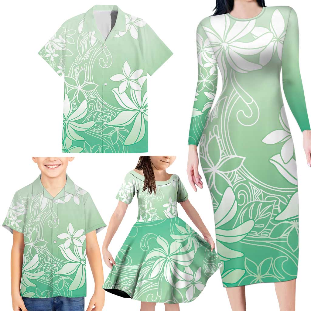 Tiare Tahiti Family Matching Long Sleeve Bodycon Dress and Hawaiian Shirt Matcha Polynesia Motifs - Polynesian Pride
