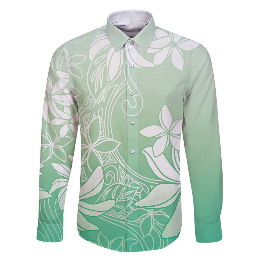 Tiare Tahiti Family Matching Puletasi and Hawaiian Shirt Matcha Polynesia Motifs LT05 Dad's Shirt - Long Sleeve Green - Polynesian Pride