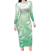 Tiare Tahiti Long Sleeve Bodycon Dress Matcha Polynesia Motifs - Polynesian Pride