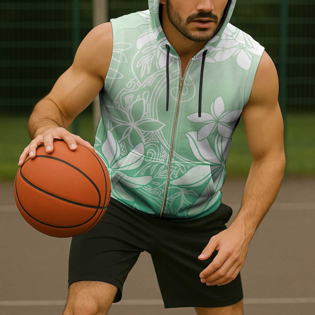Tiare Tahiti Sleeveless Zip Hoodie Matcha Polynesia Motifs - Polynesian Pride
