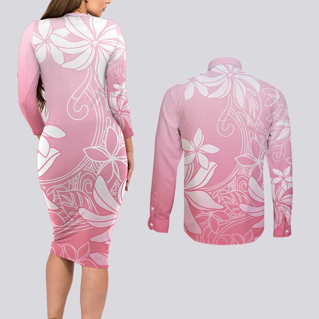 Tiare Tahiti Couples Matching Long Sleeve Bodycon Dress and Long Sleeve Button Shirt Pink Polynesia Motifs LT05 - Polynesian Pride