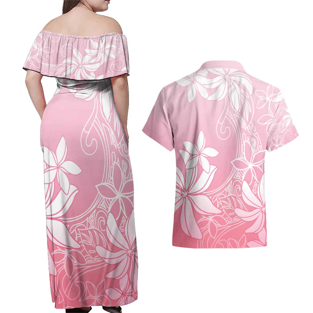 Tiare Tahiti Couples Matching Off Shoulder Maxi Dress and Hawaiian Shirt Pink Polynesia Motifs - Polynesian Pride