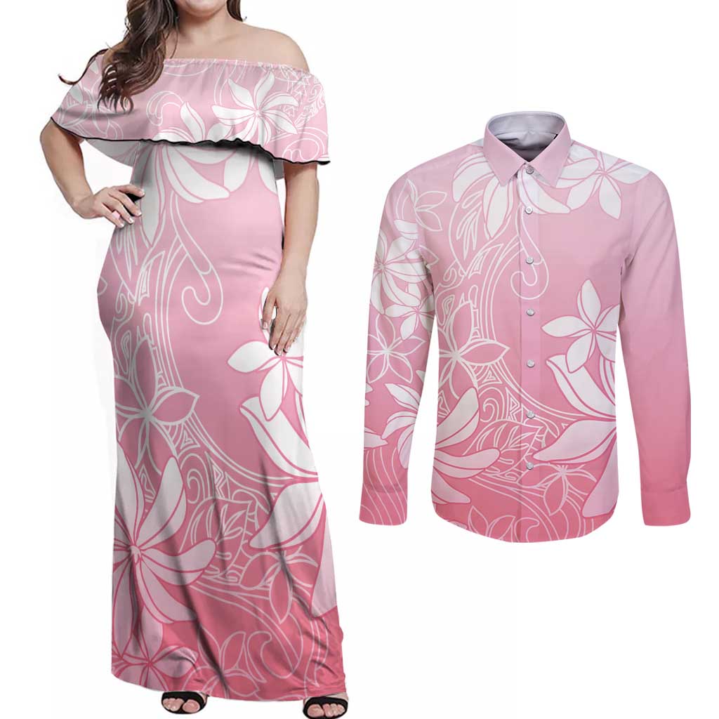 Tiare Tahiti Couples Matching Off Shoulder Maxi Dress and Long Sleeve Button Shirt Pink Polynesia Motifs LT05 Pink - Polynesian Pride
