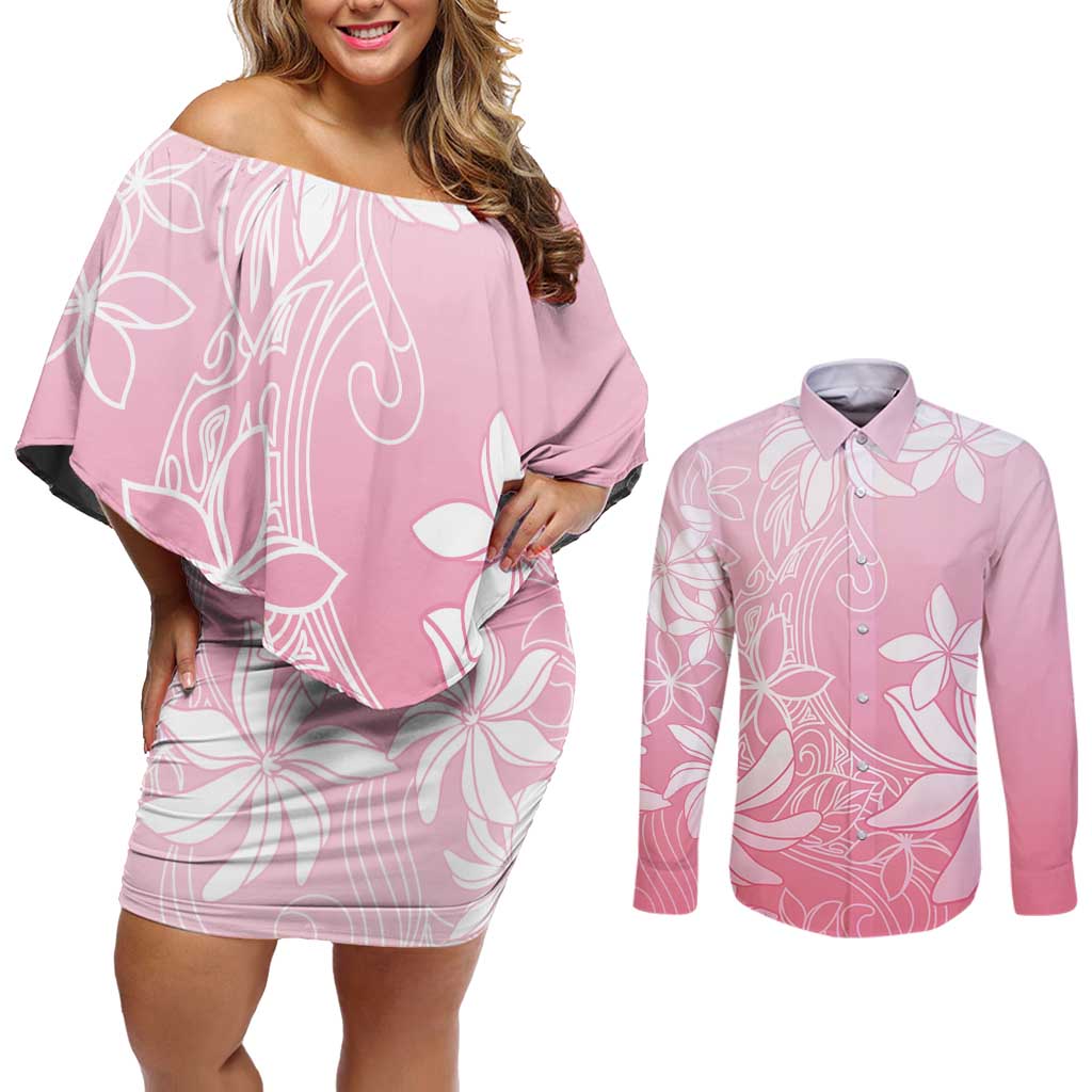 Tiare Tahiti Couples Matching Off Shoulder Short Dress and Long Sleeve Button Shirt Pink Polynesia Motifs LT05 Pink - Polynesian Pride