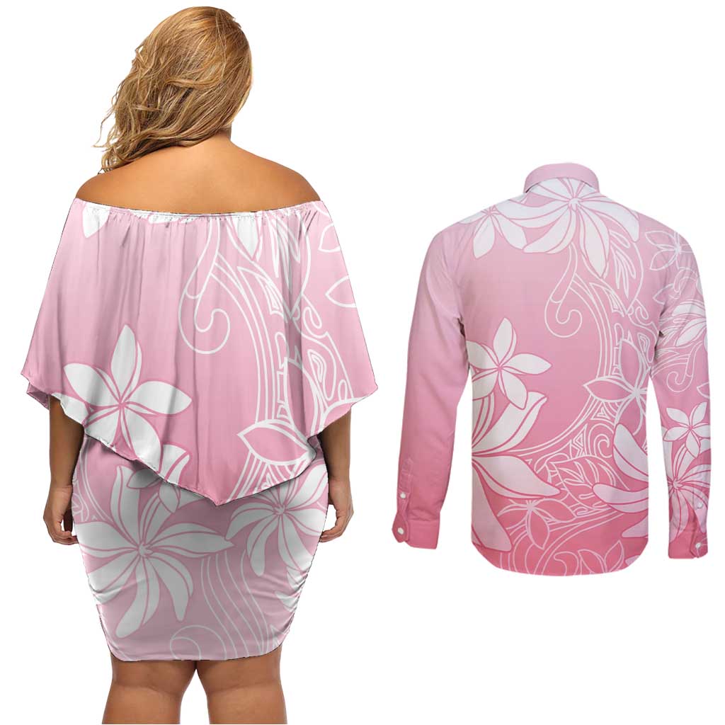 Tiare Tahiti Couples Matching Off Shoulder Short Dress and Long Sleeve Button Shirt Pink Polynesia Motifs LT05 - Polynesian Pride
