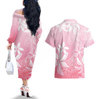 Tiare Tahiti Couples Matching Off The Shoulder Long Sleeve Dress and Hawaiian Shirt Pink Polynesia Motifs - Polynesian Pride