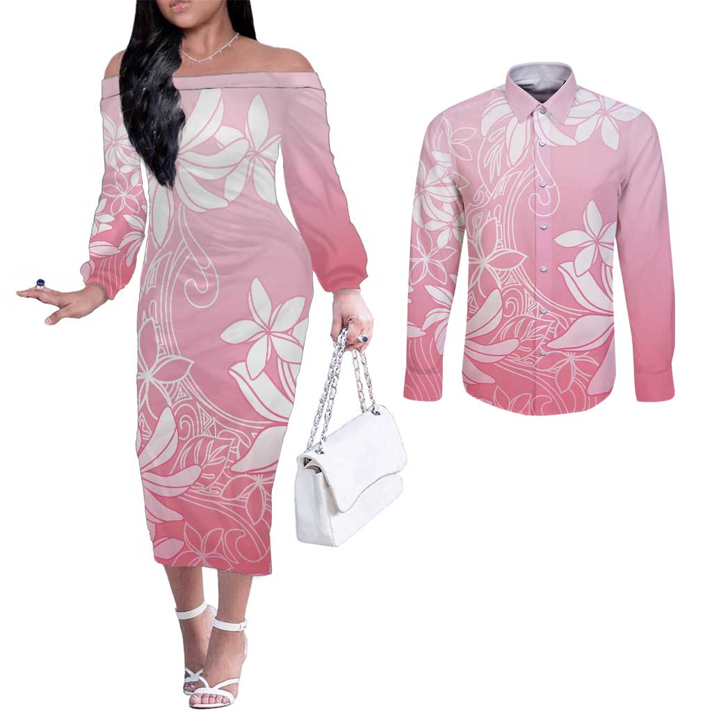 Tiare Tahiti Couples Matching Off The Shoulder Long Sleeve Dress and Long Sleeve Button Shirt Pink Polynesia Motifs LT05 Pink - Polynesian Pride
