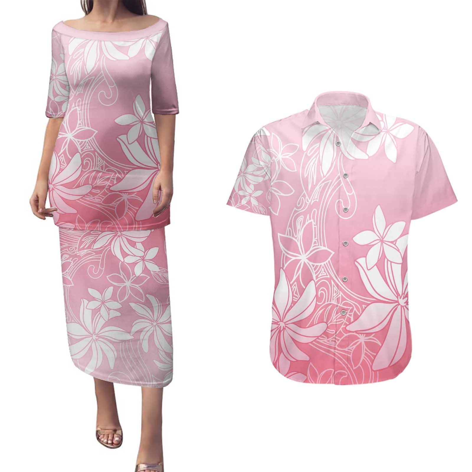 Tiare Tahiti Couples Matching Puletasi and Hawaiian Shirt Pink Polynesia Motifs LT05 Pink - Polynesian Pride