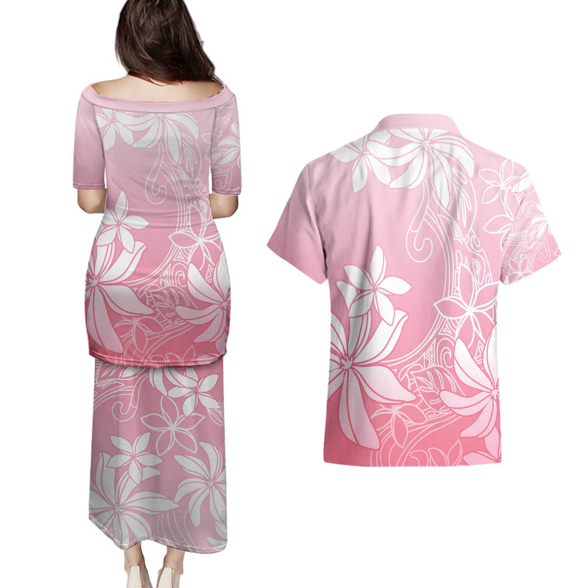 Tiare Tahiti Couples Matching Puletasi and Hawaiian Shirt Pink Polynesia Motifs LT05 - Polynesian Pride