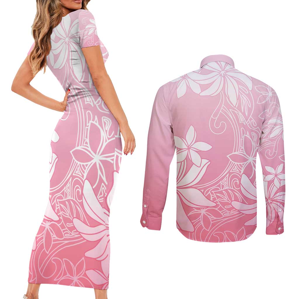 Tiare Tahiti Couples Matching Short Sleeve Bodycon Dress and Long Sleeve Button Shirt Pink Polynesia Motifs LT05 - Polynesian Pride