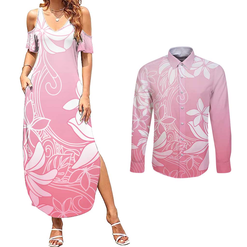 Tiare Tahiti Couples Matching Summer Maxi Dress and Long Sleeve Button Shirt Pink Polynesia Motifs LT05 Pink - Polynesian Pride