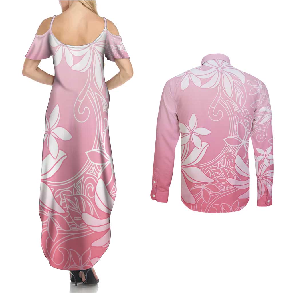 Tiare Tahiti Couples Matching Summer Maxi Dress and Long Sleeve Button Shirt Pink Polynesia Motifs LT05 - Polynesian Pride
