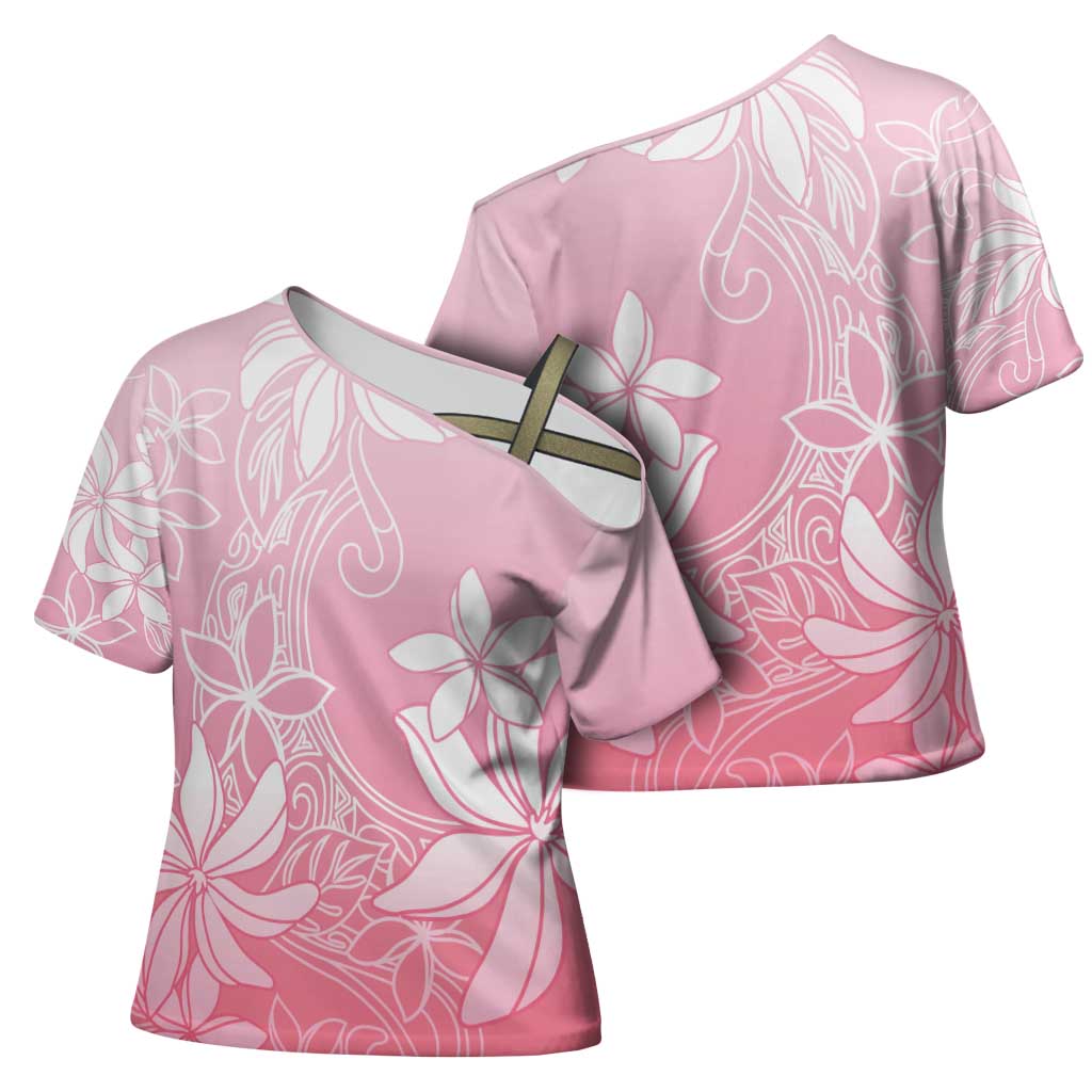 Tiare Tahiti Cross Shoulder Shirt Pink Polynesia Motifs LT05 - Polynesian Pride