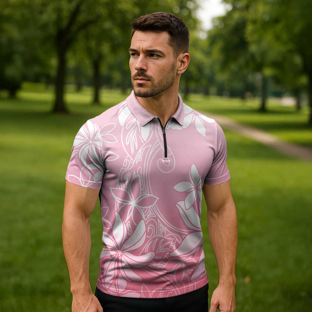 Tiare Tahiti Zipper Polo Shirt Pink Polynesia Motifs LT05 - Polynesian Pride