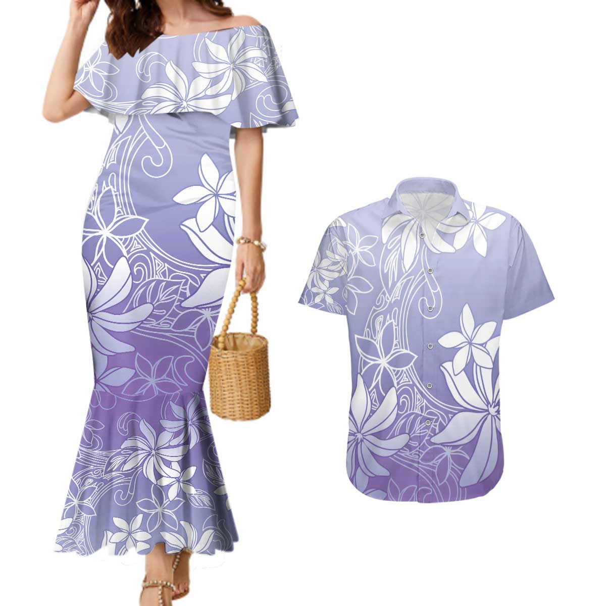 Tiare Tahiti Couples Matching Mermaid Dress and Hawaiian Shirt Purple Polynesia Motifs - Polynesian Pride