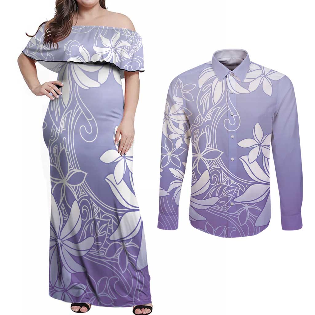 Tiare Tahiti Couples Matching Off Shoulder Maxi Dress and Long Sleeve Button Shirt Purple Polynesia Motifs LT05 Purple - Polynesian Pride